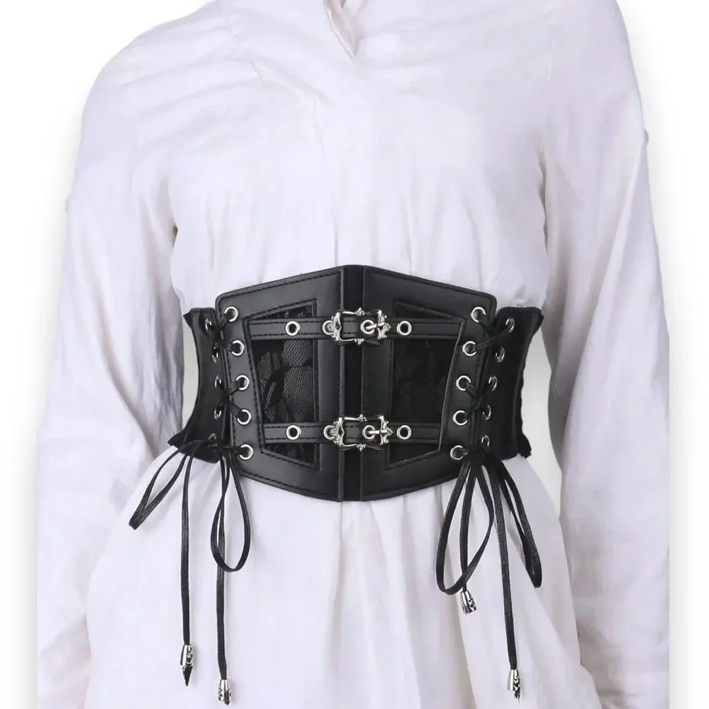 Black Lace Up Corset Belt - Filigree Buckle Waist Cincher Whimsigoth NWT